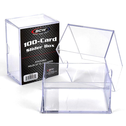 BCW Card Slider Box | Premium Trading Card Storage | Sturdy Stackable Crystal-Clear Design for Magic The Gathering Football Basketball Baseball Card (100 Card 5 Pack)